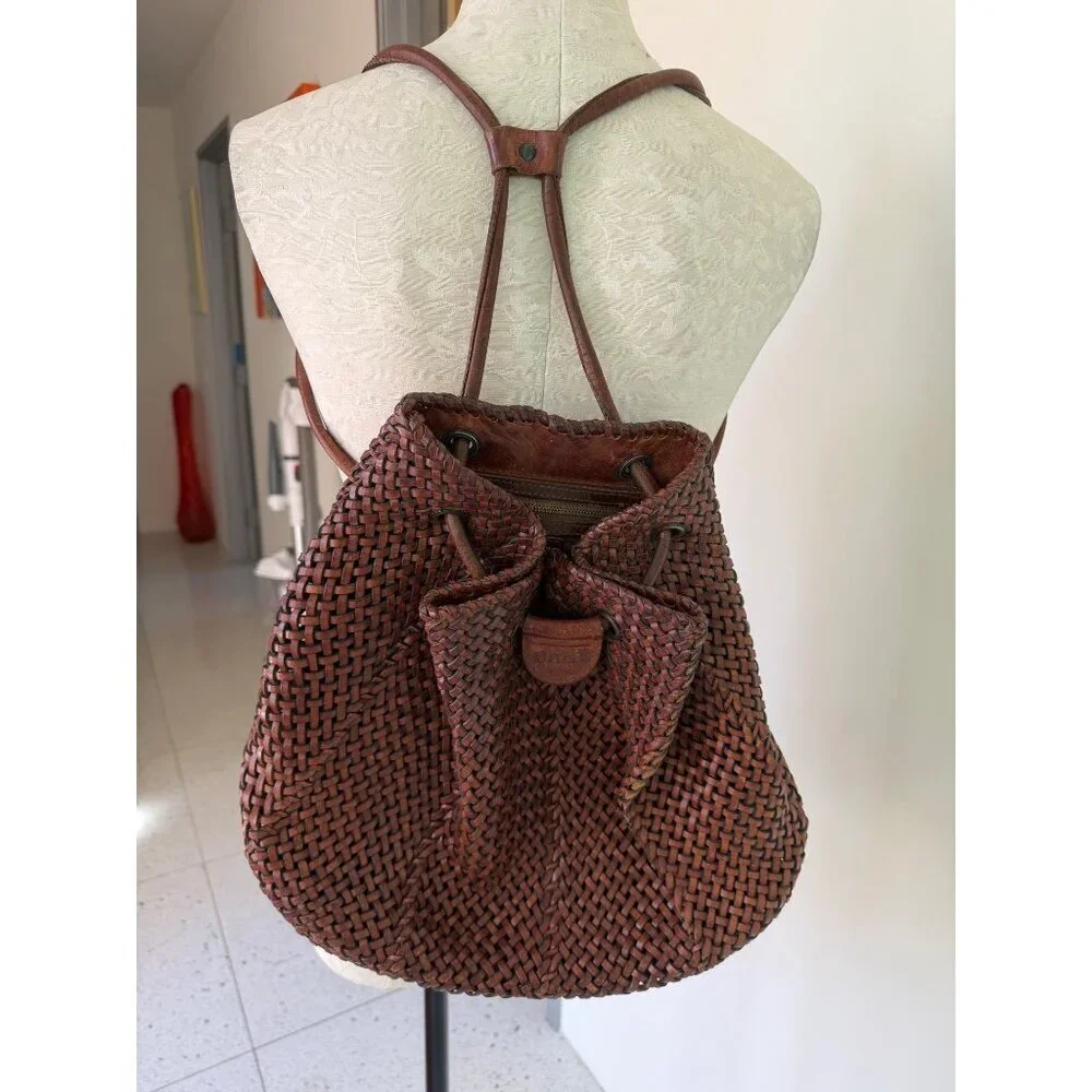 DKNY Womens Backpack Brown Woven Leather Vintage 1990s Casual